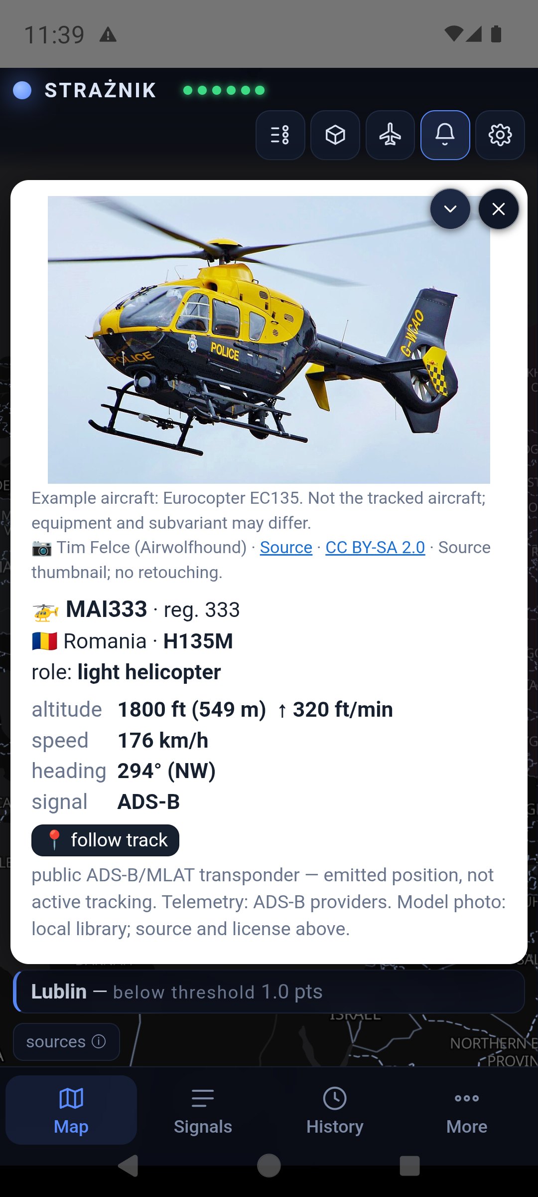 Expanded card of helicopter MAI333, H135M from Romania: example photo with author and licence, role light helicopter, altitude, speed, heading and the follow track button