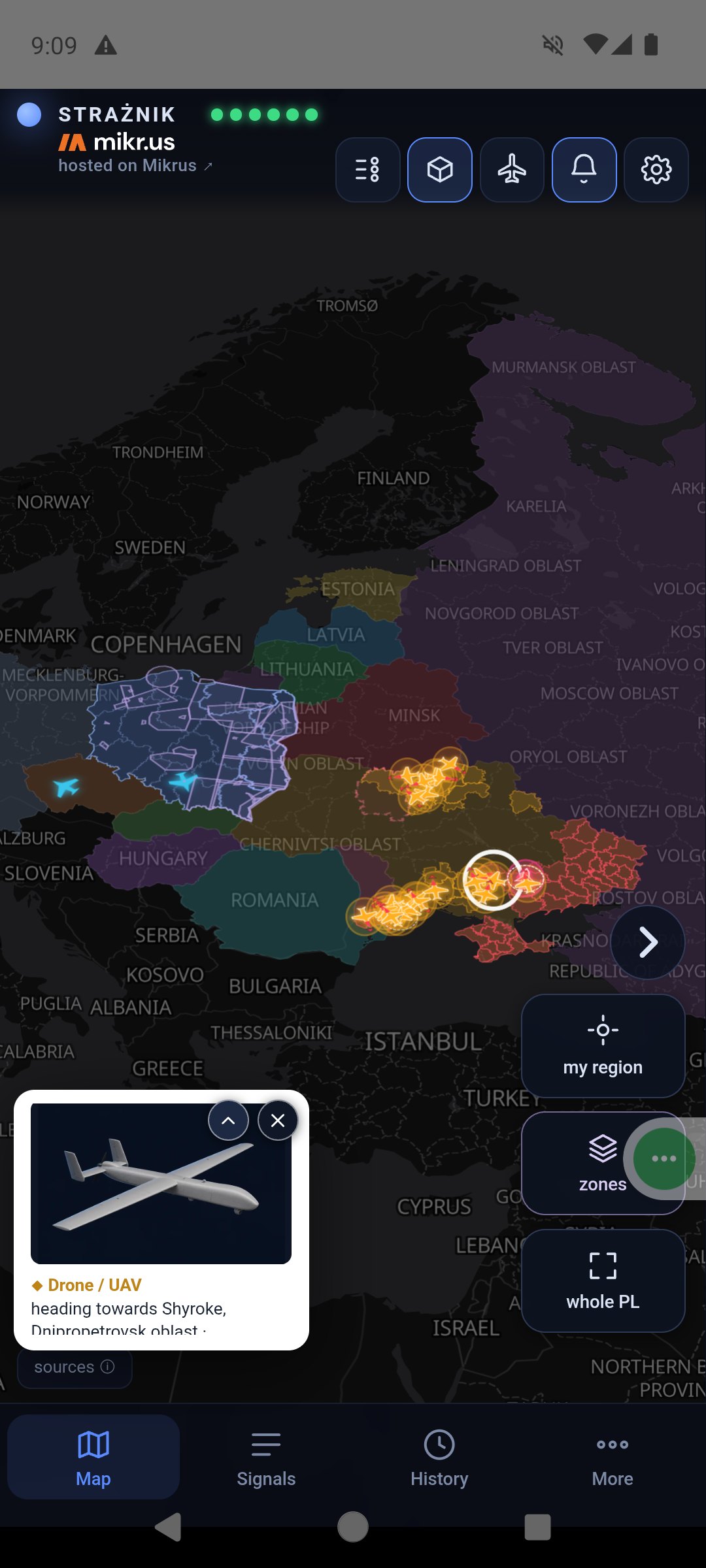 Mini UAV card in the bottom-left corner of the map; over Ukraine several objects sit inside dashed position-uncertainty circles, the selected drone in a white ring