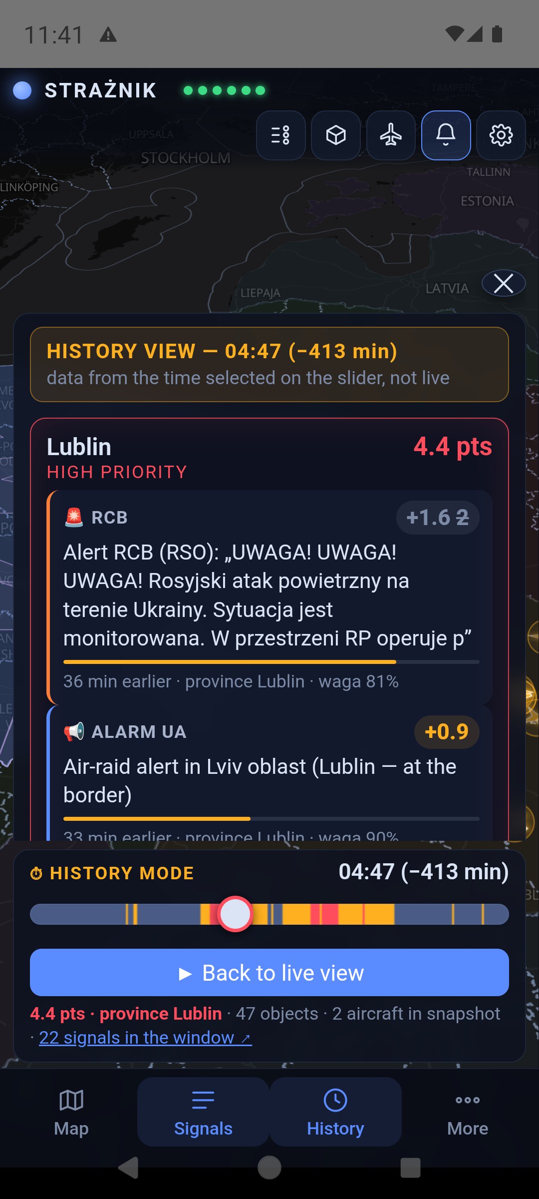 Panel in history mode: HISTORY VIEW 04:47 header, Lublin card 4.4 pts HIGH PRIORITY with an RCB contribution and an air-raid alert in the Lviv oblast