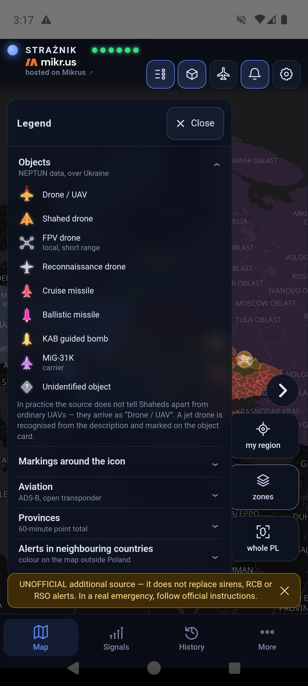 Legend with a header and a ✕ Close button: the Objects group expanded with nine NEPTUN symbols and a note that in practice the source does not tell Shaheds and ordinary UAVs apart, below it the collapsed groups Markings around the icon, Aviation, Provinces, Alerts in neighbouring countries and PAŻP zones
