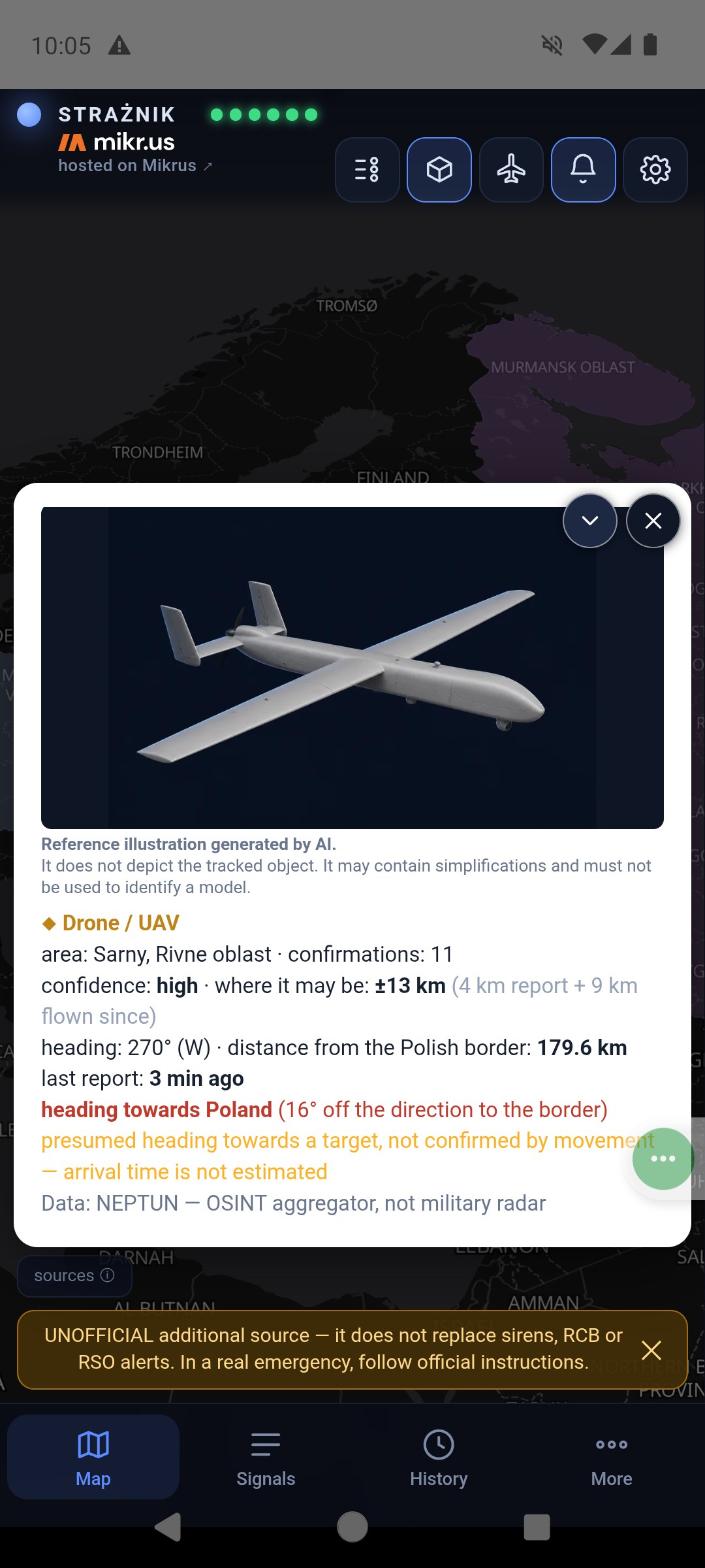Expanded UAV card: AI reference illustration, area of Sarny in Rivne oblast, eleven confirmations, high confidence, “where it may be: ±13 km” split into 4 km report and 9 km flown since, heading 270°, 179.6 km from the Polish border, last report 3 minutes ago, heading towards Poland 16° off the direction to the border, and a note that the heading is presumed and the approximate report area note