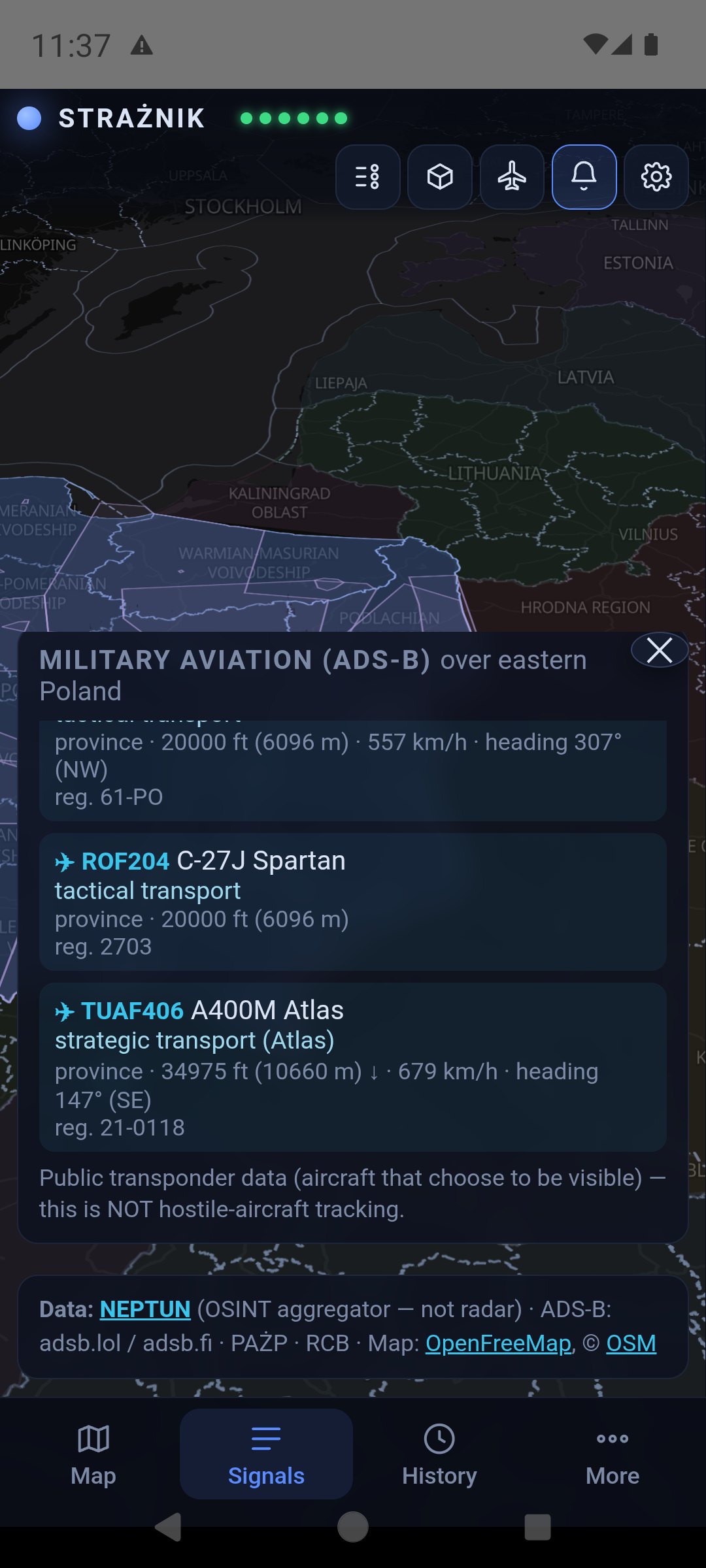 Lower part of the panel: the Military aviation ADS-B list with a C-27J Spartan and an A400M Atlas and a note that this is public transponder data