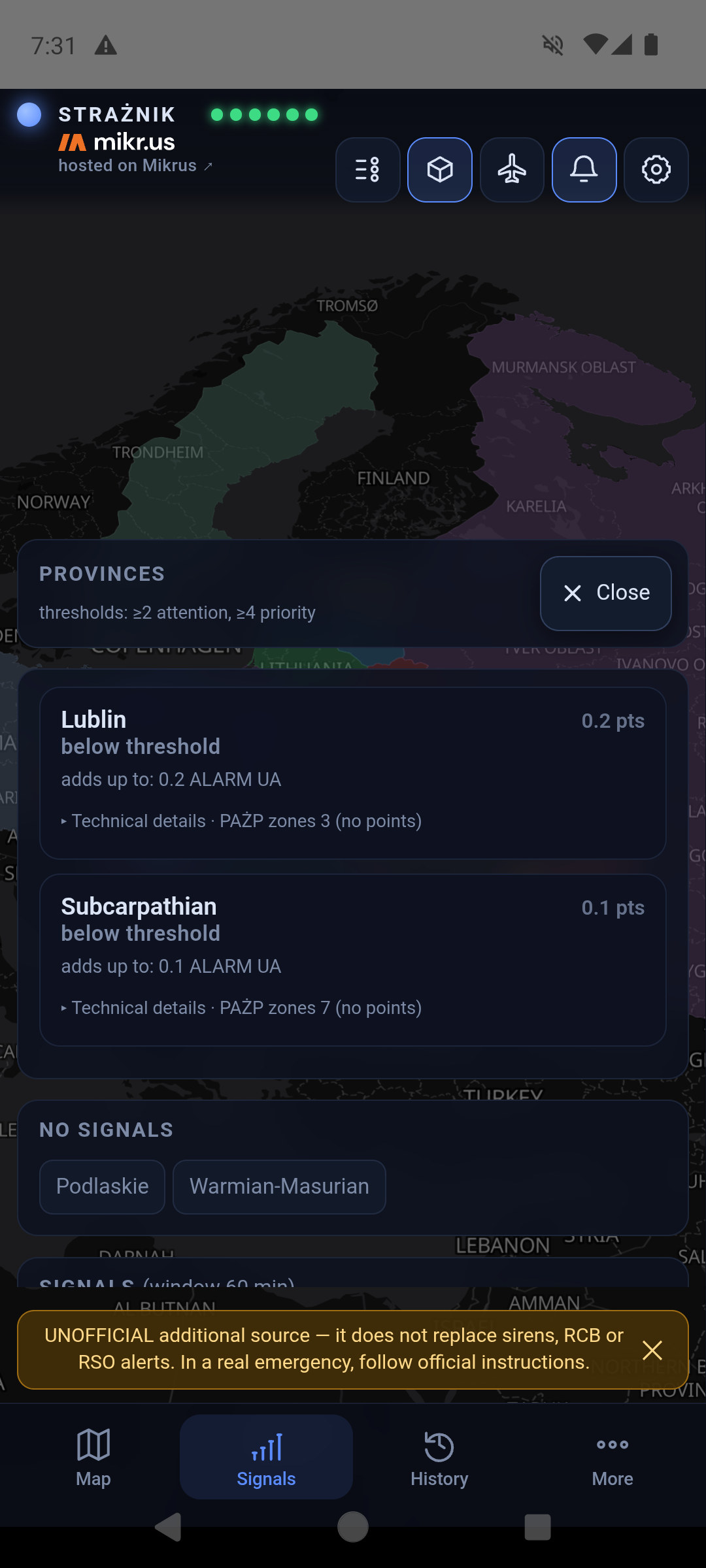 Signals panel: a header stating the thresholds once and a ✕ Close button, the Lublin card with the level above the point total and its breakdown into ALARM UA, plus a separate card for the quiet provinces