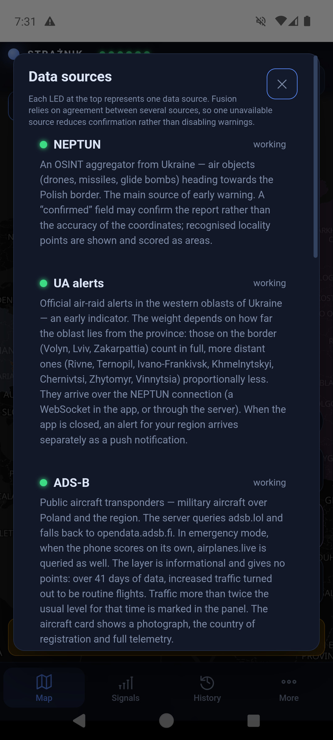 Data sources window: each indicator is one source, with NEPTUN and Ukrainian alerts described and their status, map licences at the bottom; the window is closed with the cross at the top