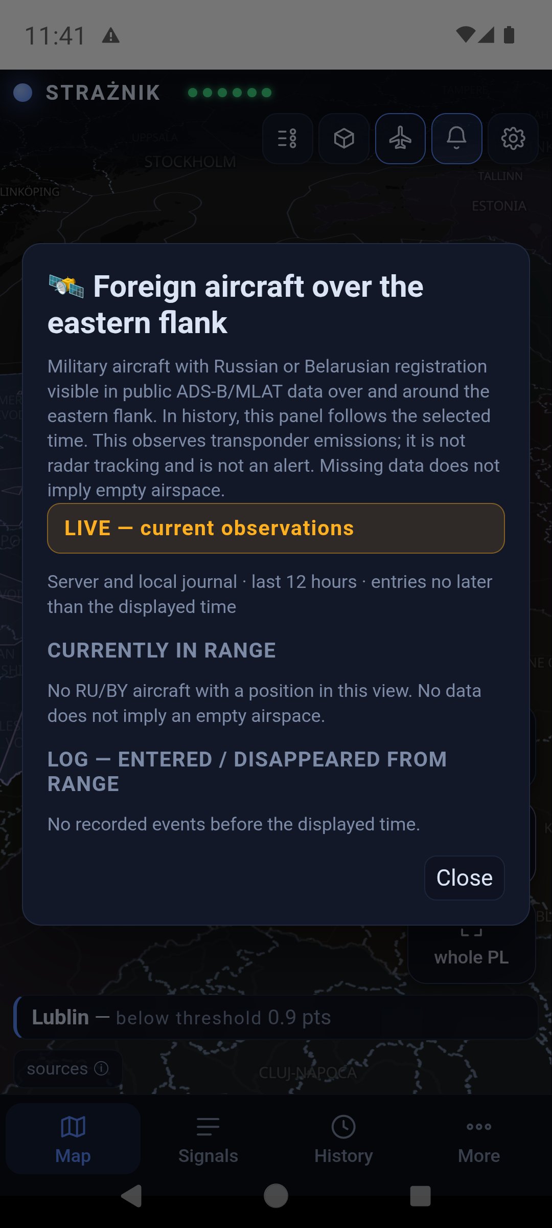 Foreign aircraft over the eastern flank window: description, LIVE label, Currently in range and Log sections, with no aircraft at the moment