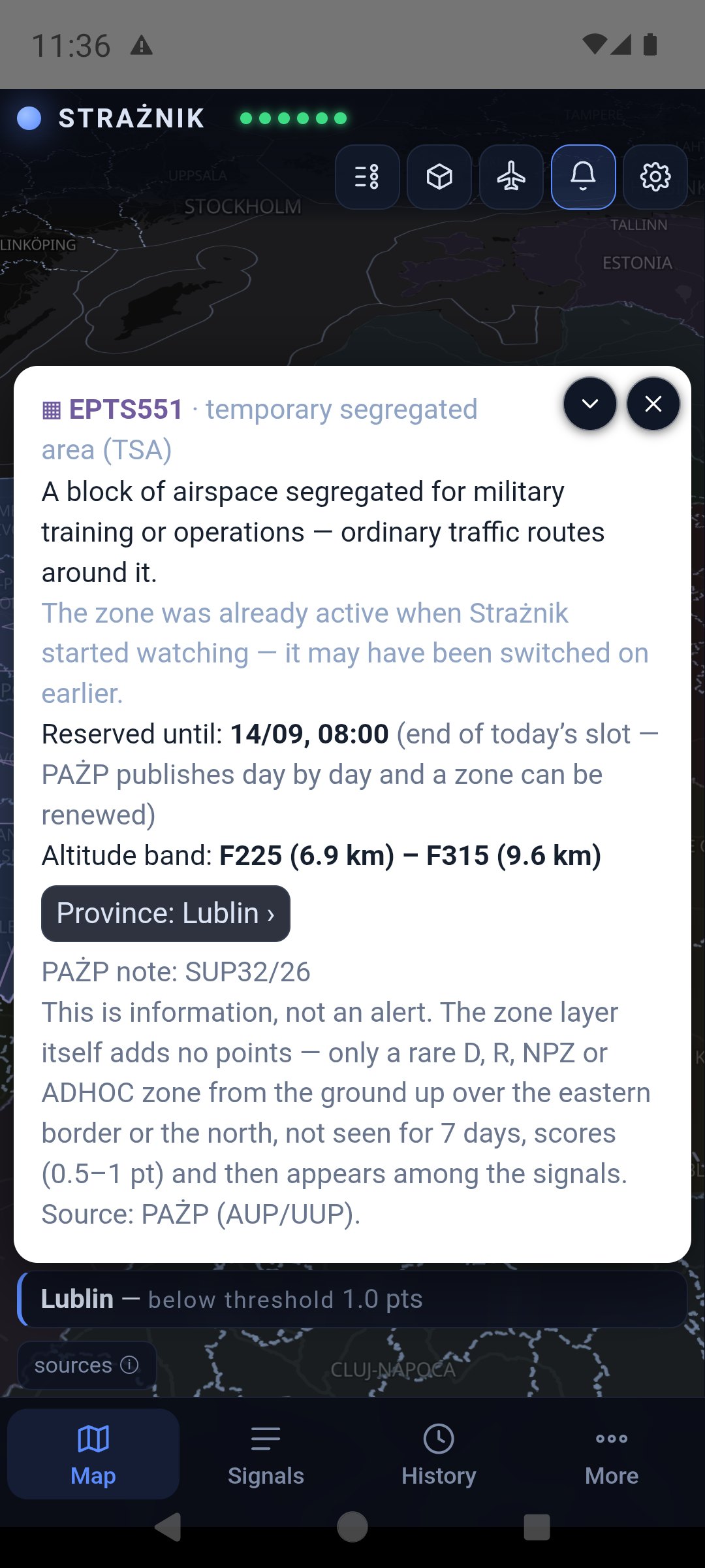 Zone card EPTS551: temporary segregated area TSA, description, note that it was already active when watching started, reserved until 14/09 08:00, altitude band F225–F315, Province: Lublin button and a note on points