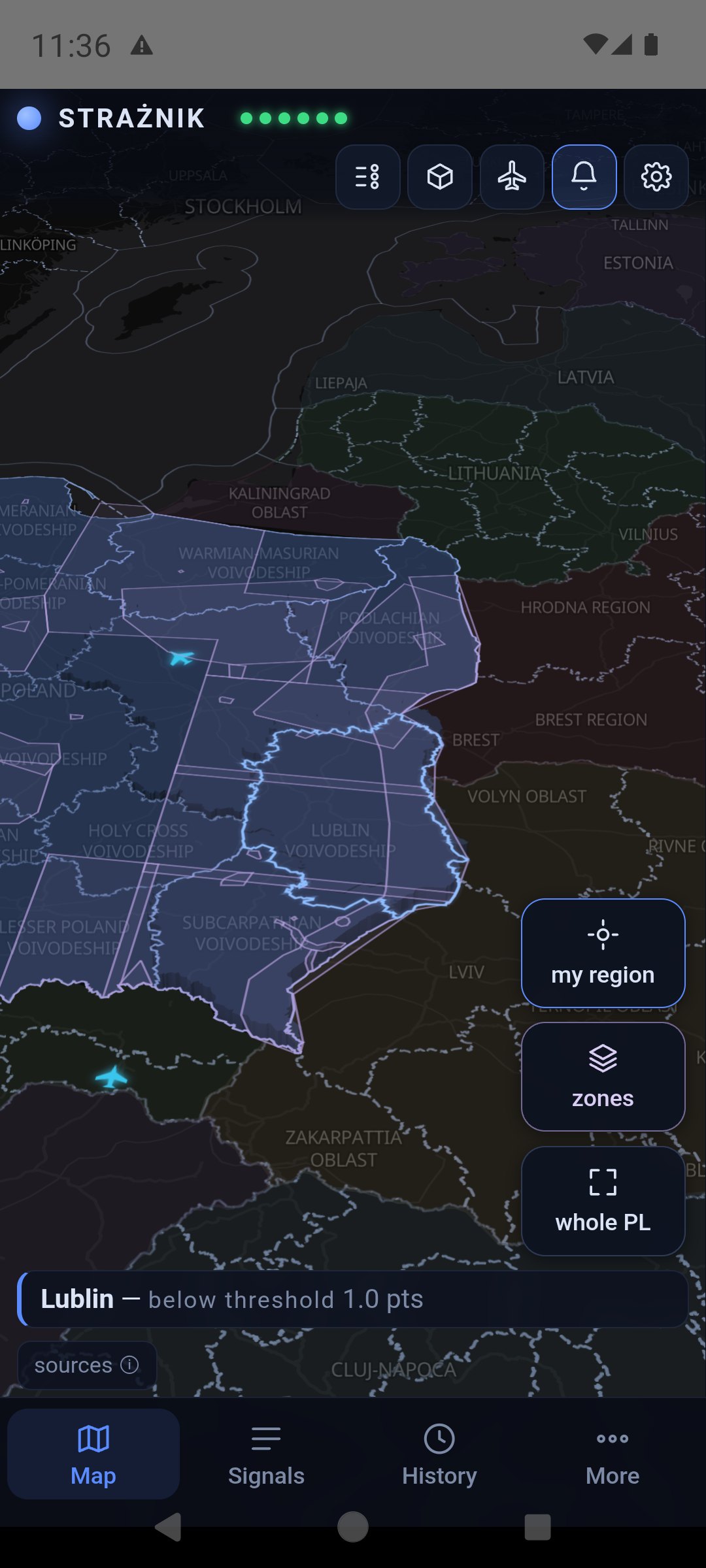 Map framed on Lublin province with the zone layer on: purple outlines over eastern Poland and the zones tile highlighted