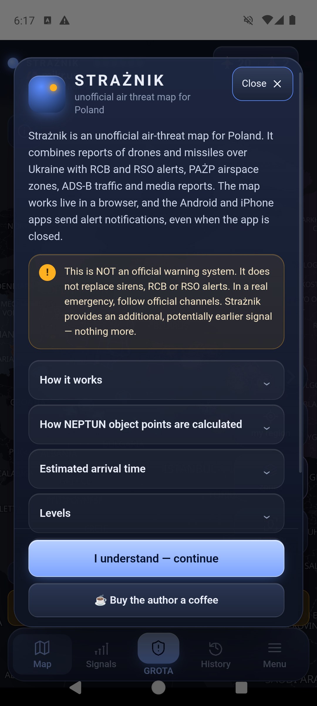 About window at first start: Strażnik heading, unofficial air threat map for Poland, a short description, a warning card that this is not an official warning system, collapsed chapters How it works, How NEPTUN object points are calculated, Estimated arrival time, Levels, and the I understand — continue and Buy the author a coffee buttons