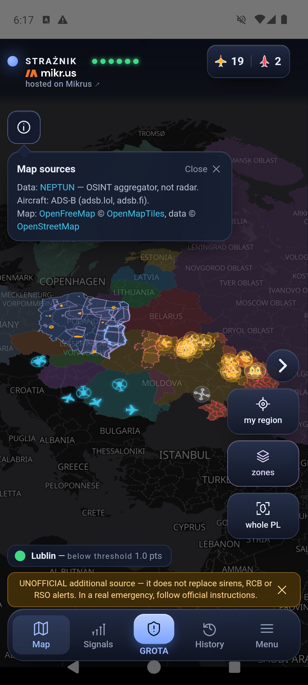 Map sources box next to the (i) sign: data NEPTUN — OSINT aggregator, not radar, aircraft ADS-B (adsb.lol, adsb.fi), map OpenFreeMap © OpenMapTiles, data © OpenStreetMap