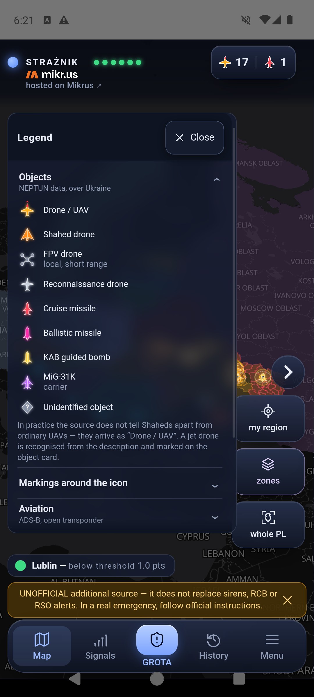 Legend, Objects section expanded: Drone / UAV, Shahed drone, FPV drone, Reconnaissance drone, Cruise missile, Ballistic missile, KAB guided bomb, MiG-31K carrier, Unidentified object, and a note on telling Shaheds apart