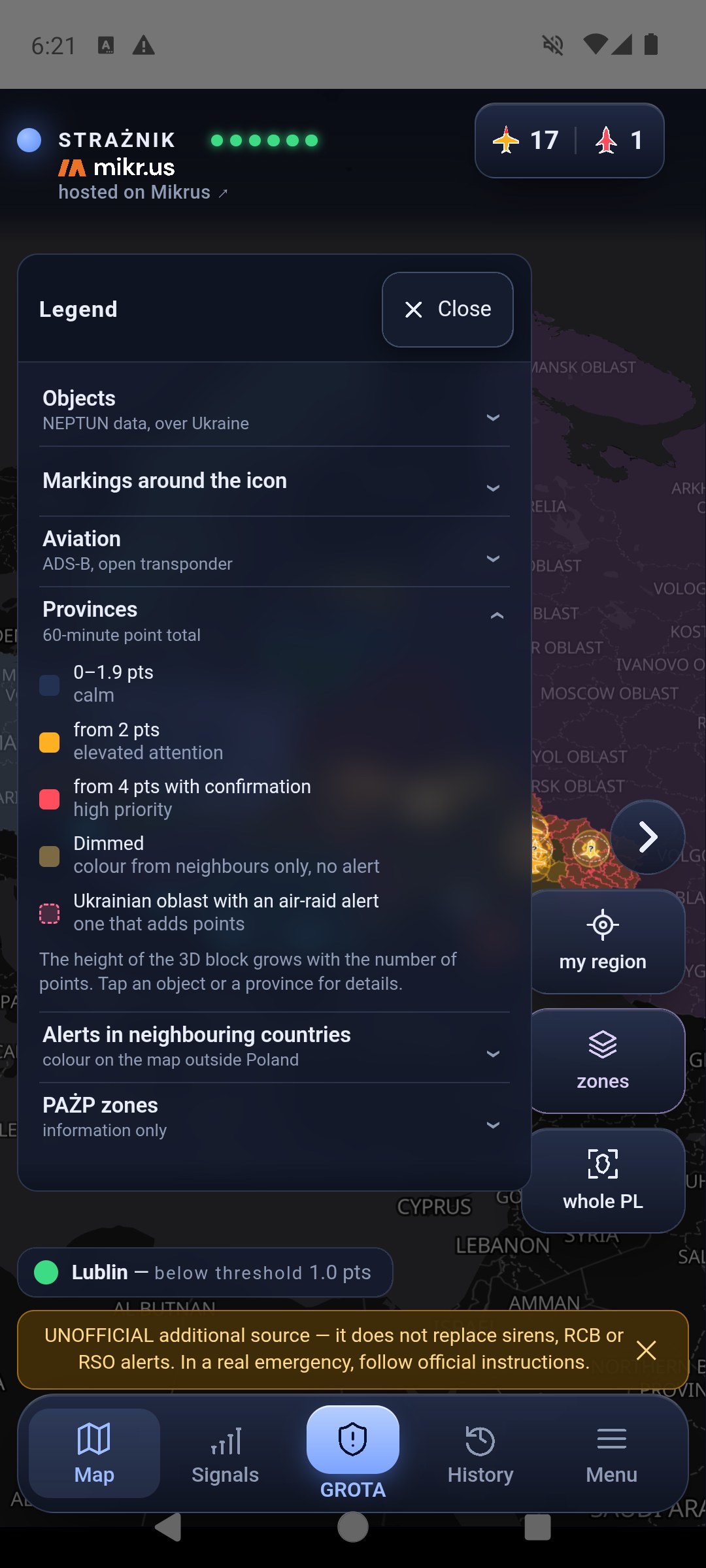 Legend, Provinces section expanded: 0–1.9 pts calm, from 2 pts elevated attention, from 4 pts with confirmation high priority, dimmed colour from neighbours only, Ukrainian oblast with an air-raid alert, and a note on the 3D block height