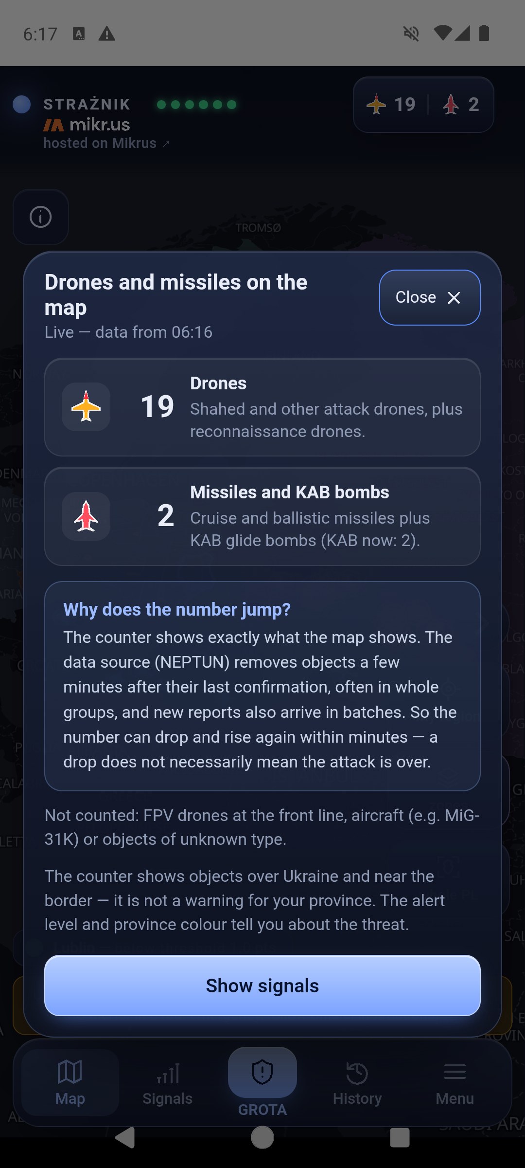 Drones and missiles on the map window, data from 06:16: 19 drones — Shahed and other attack drones plus reconnaissance drones — and 2 missiles and KAB bombs, the Why does the number jump? paragraph, what is not counted, a note that this is not a warning for your province, and the Show signals button