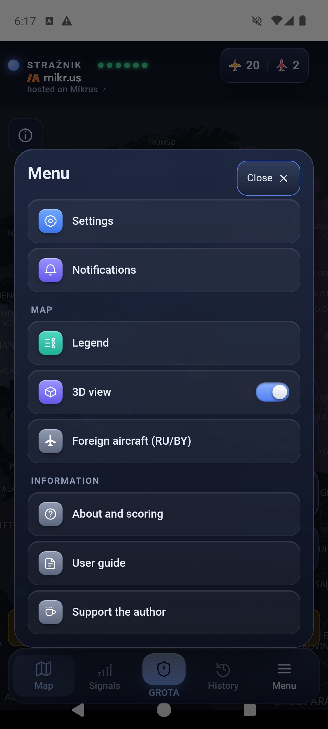Menu sheet: Settings, Notifications, under the Map heading — Legend, 3D view with a switch, Foreign aircraft (RU/BY), under the Information heading — About and scoring, User guide and Support the author