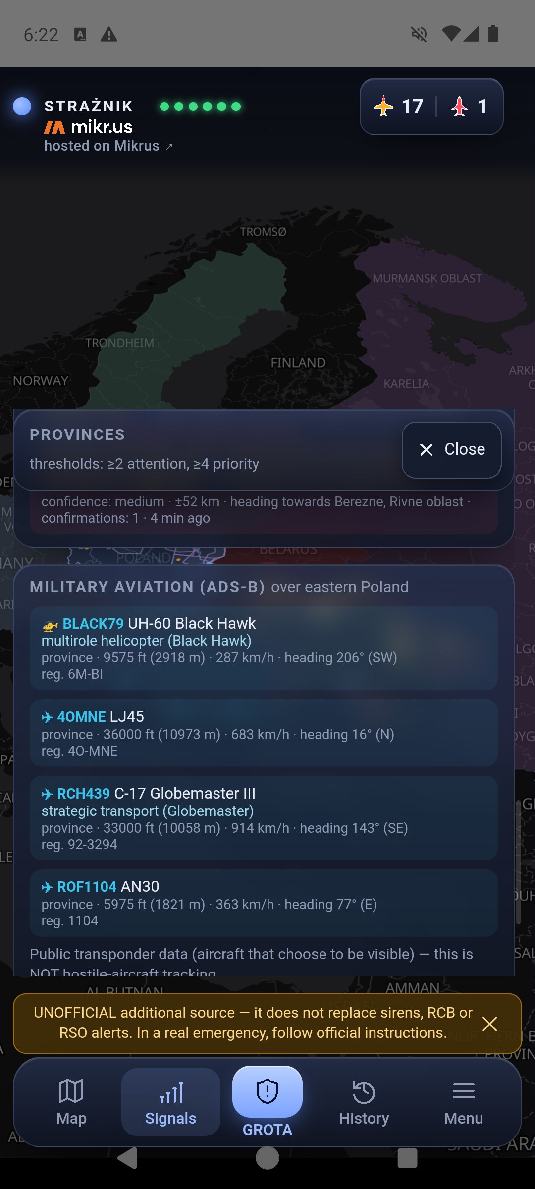 Panel, Military aviation ADS-B over eastern Poland: BLACK79 UH-60 Black Hawk, 40MNE LJ45, RCH439 C-17 Globemaster III and ROF1104 AN30 with altitude, speed and heading