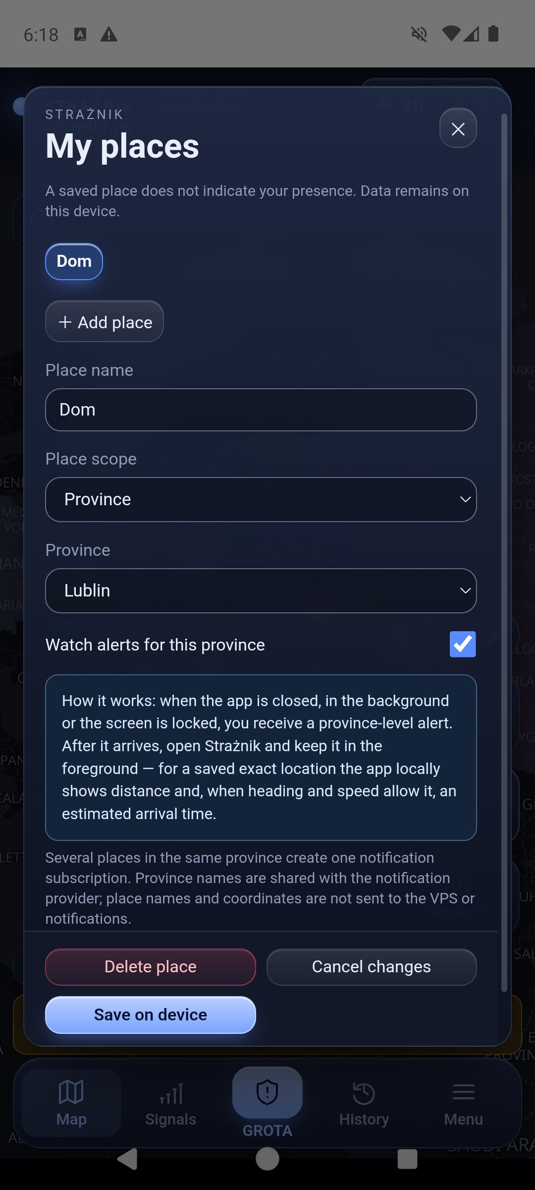 My places window: place Dom, scope Province, province Lublin, Watch alerts for this province ticked, an explanation, and the Delete place, Cancel changes and Save on device buttons