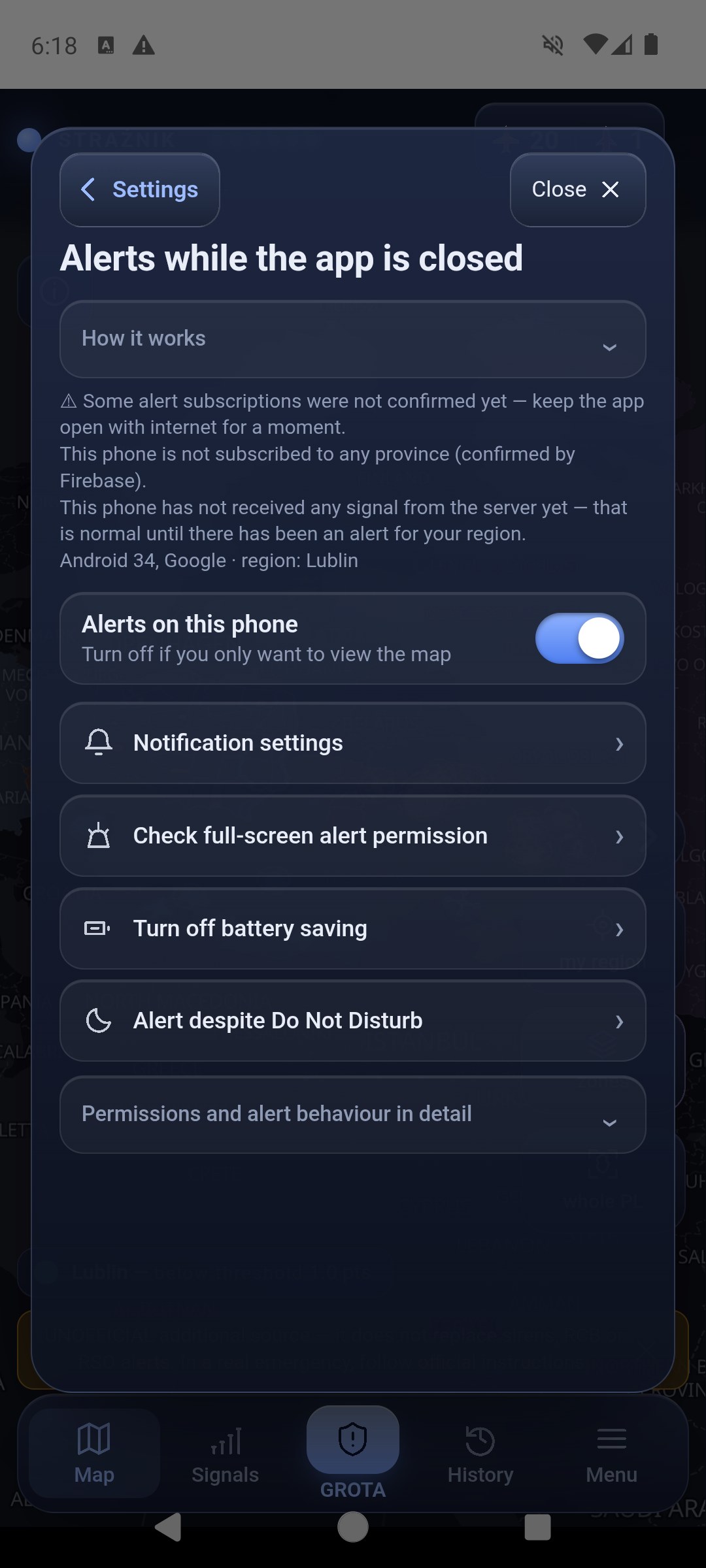 Settings, Alerts and permissions section: collapsed How it works, subscription status, the Alerts on this phone switch, rows Notification settings, Check full-screen alert permission, Turn off battery saving, Alert despite Do Not Disturb, and collapsed Permissions and alert behaviour in detail