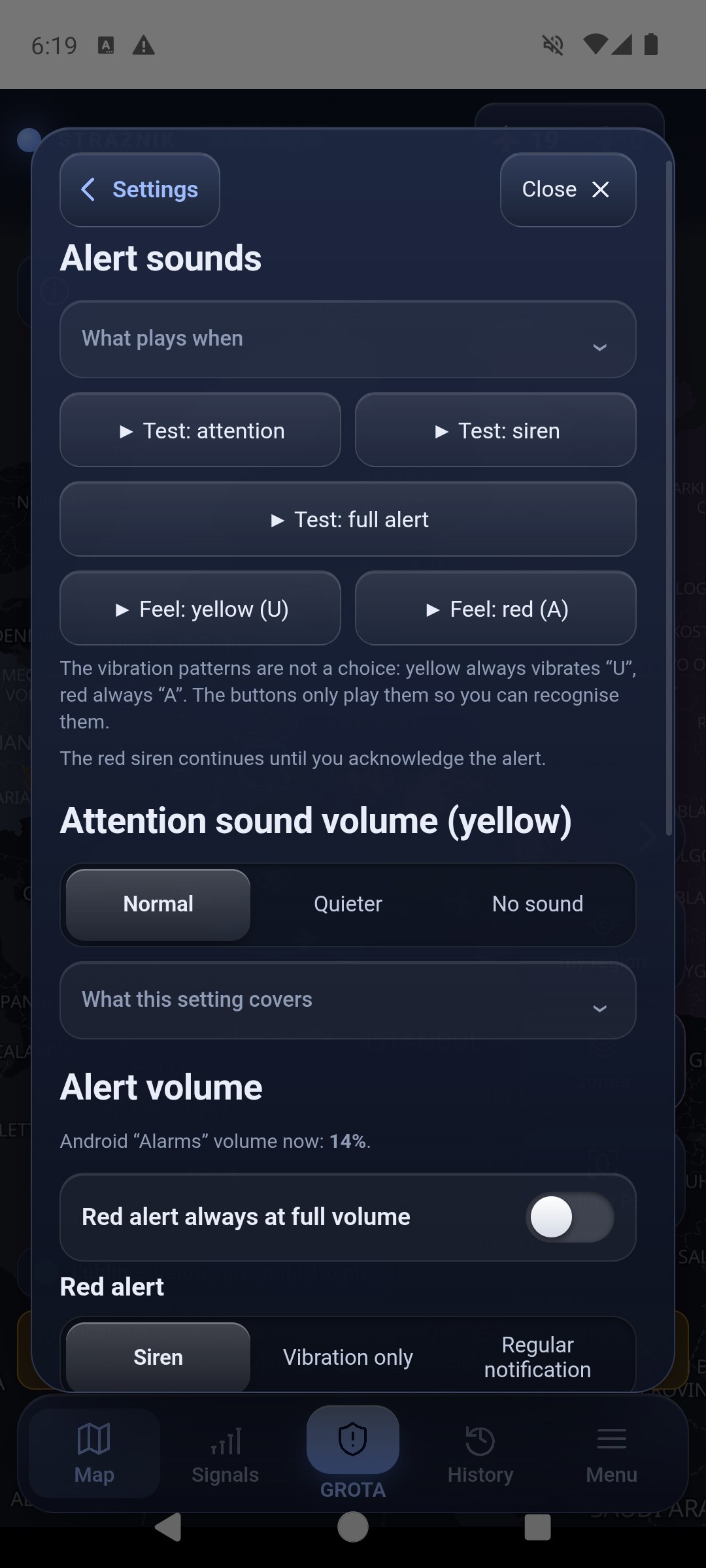 Settings, Sound and quiet hours section, upper part: collapsed What plays when, buttons Test: attention, Test: siren, Test: full alert, Feel: yellow (U) and Feel: red (A) with an explanation, attention sound volume Normal, Quieter, No sound, alert volume 14 percent, the full-volume switch and the Red alert choice
