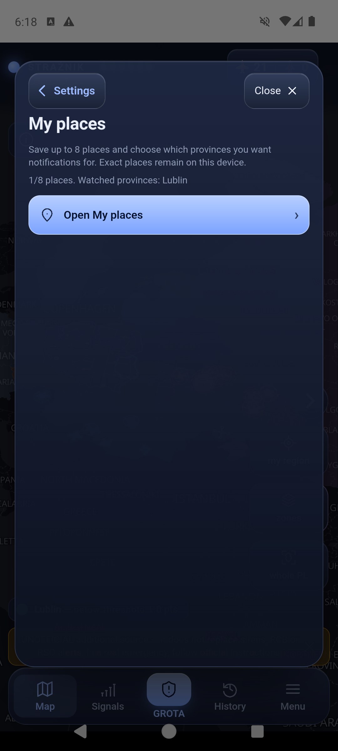 Settings, My places section: 1 of 8 places, watched province Lublin and the Open My places button