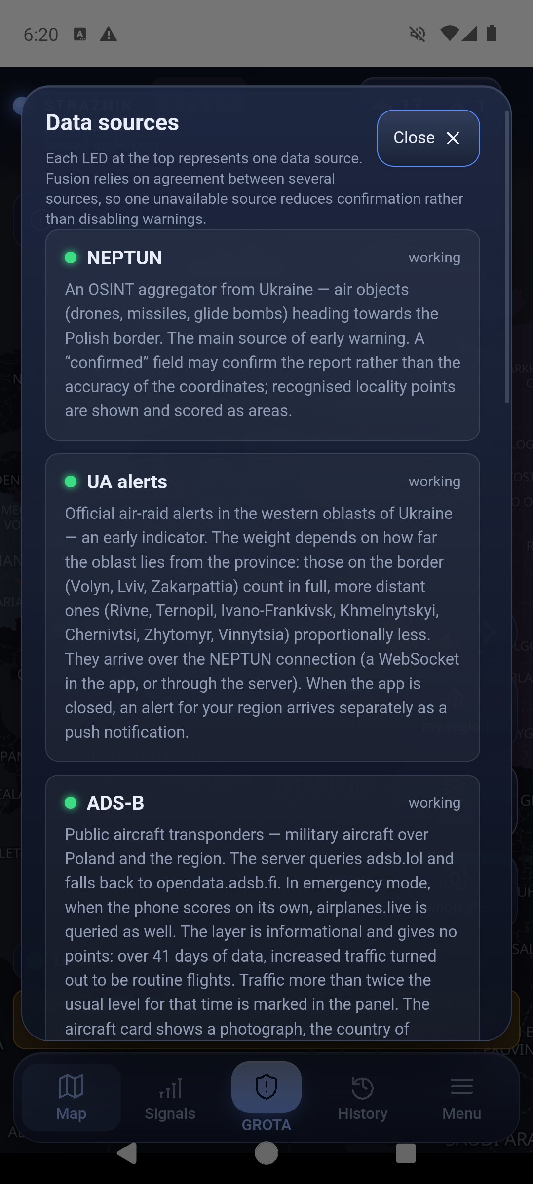 Data sources window: each indicator is one source, descriptions of NEPTUN, UA alerts and ADS-B with the status working; the window closes with the Close button