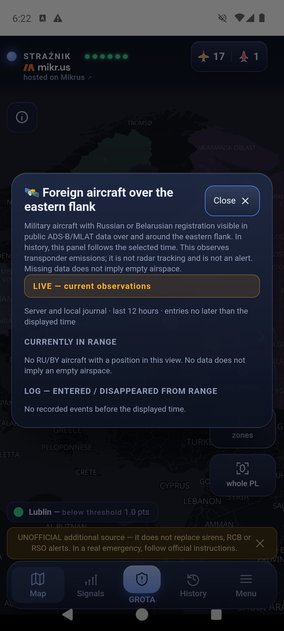 Foreign aircraft over the eastern flank window: description, LIVE — current observations, Currently in range: no RU/BY aircraft with a position in this view, an empty log of entries and disappearances