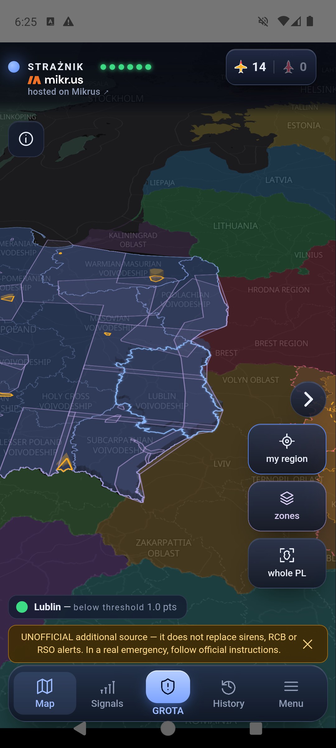 Map with the PAŻP zone layer: zone outlines over eastern Poland, the my region, zones and whole PL tiles