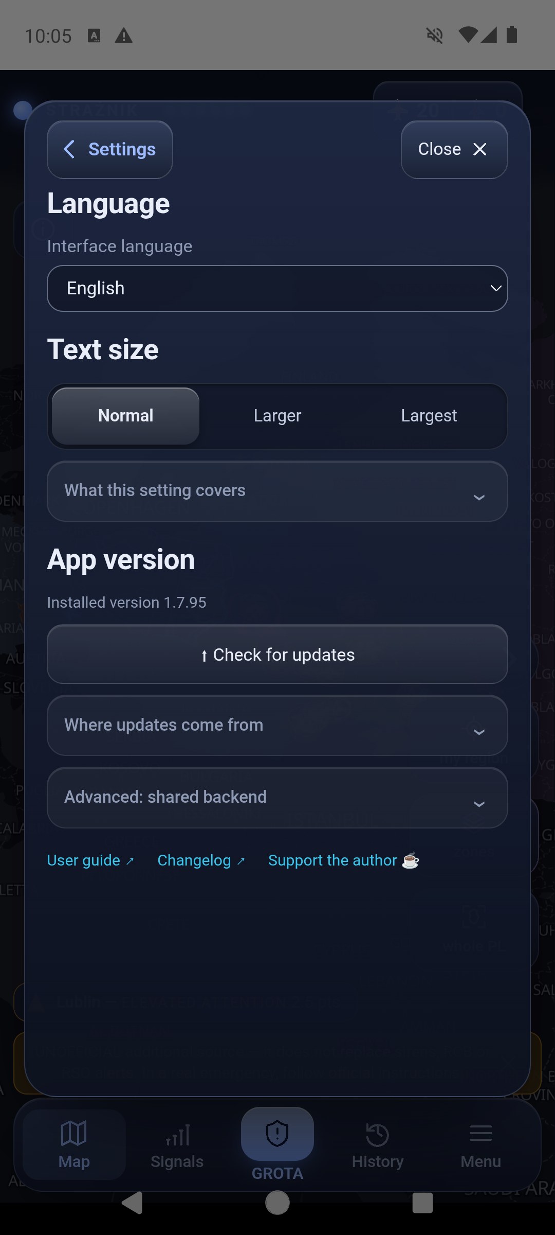 Settings, Language, text and version section: interface language English, text size Normal, Larger, Largest, installed version 1.7.95 and the Check for updates button