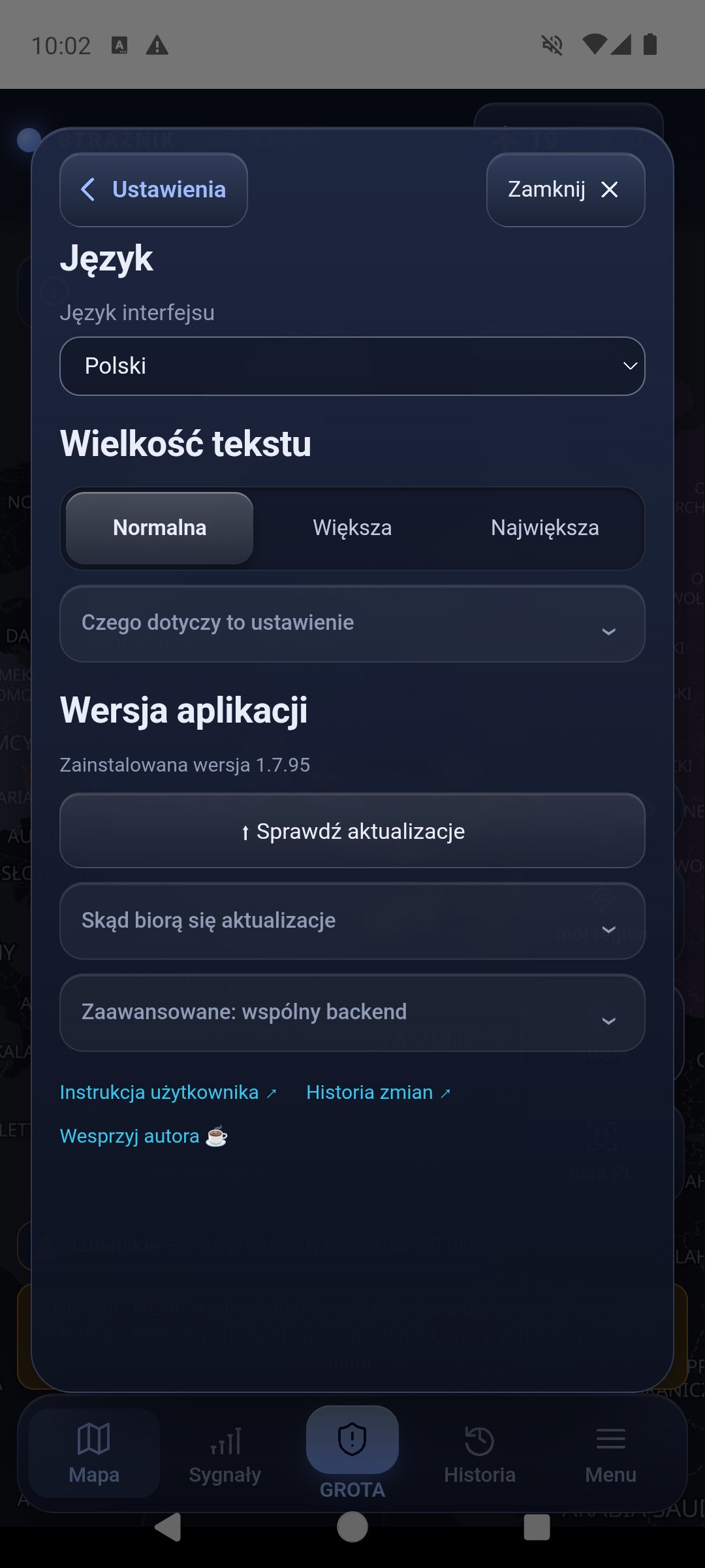 Ustawienia, sekcja Język, tekst i wersja: język interfejsu Polski, wielkość tekstu Normalna, Większa, Największa, zainstalowana wersja 1.7.95 i przycisk Sprawdź aktualizacje