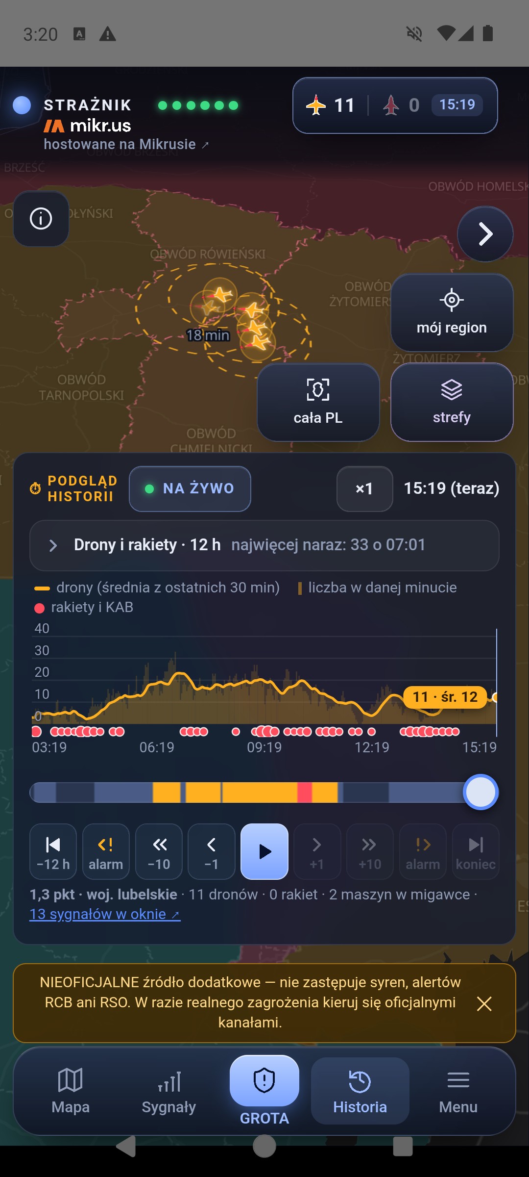 Tryb historii o 15:19 (teraz): mapa nad obwodem rówieńskim z dronami, rozwinięty wykres Drony i rakiety · 12 h z najwięcej naraz 33 o 07:01, krzywa średniej z 30 minut, czerwone kropki rakiet, dymek 11 · śr. 12 przy kresce suwaka, pokolorowany suwak, podpisane przyciski przewijania i wiersz 1,3 pkt · woj. lubelskie · 11 dronów · 0 rakiet · 2 maszyn w migawce