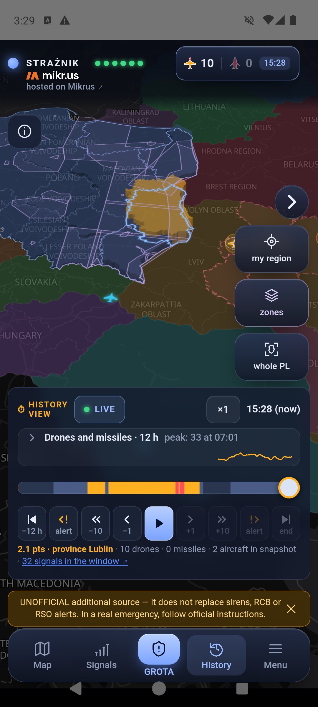 History mode with the chart collapsed to a single Drones and missiles · 12 h row, peak 33 at 07:01, with a mini curve; the map moves to sit above the lower bar