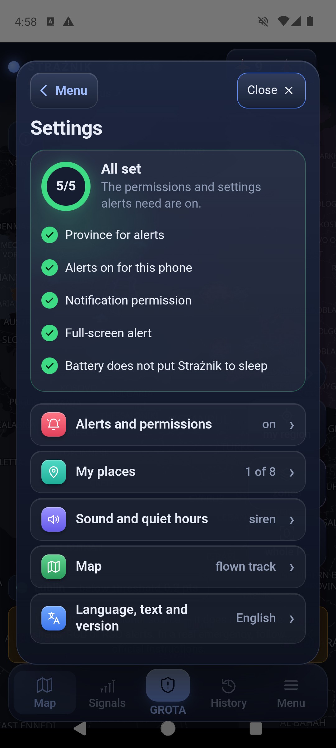 Settings start screen opened from the Menu: readiness card 5 of 5 All set with Province for alerts, Alerts on for this phone, Notification permission, Full-screen alert and Battery does not put Strażnik to sleep, below it five rows with their current values: Alerts and permissions on, My places 1 of 8, Sound and quiet hours siren, Map flown track, Language, text and version English, and a ‹ Menu button at the top, next to Close