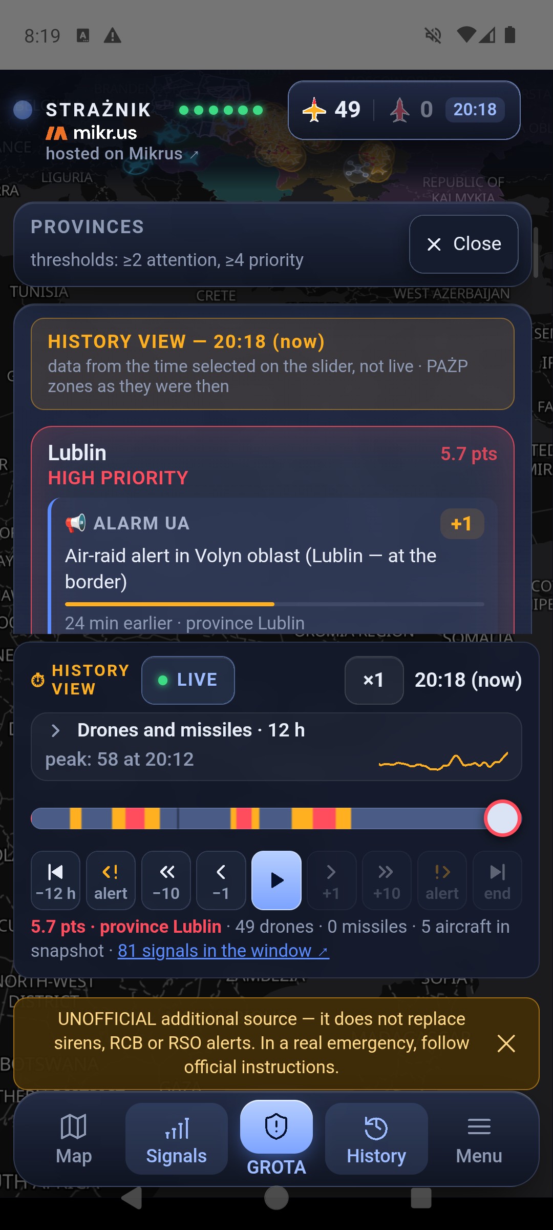 Panel in history mode: HISTORY VIEW — 20:18 (now), the Lublin card at 5.7 pts HIGH PRIORITY with the ALARM UA entry “Air-raid alert in Volyn oblast (Lublin — at the border)”, and the history bar with LIVE, ×1, the collapsed chart and the line 5.7 pts · province Lublin · 49 drones