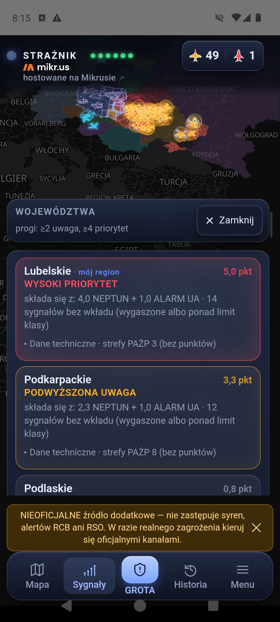 Panel sygnałów na żywo podczas ataku dronów 19.10.2026: karta Lubelskie — mój region, WYSOKI PRIORYTET 5,0 pkt, składa się z 4,0 NEPTUN i 1,0 ALARM UA, karta Podkarpackie, PODWYŻSZONA UWAGA 3,3 pkt z 2,3 NEPTUN i 1,0 ALARM UA, niżej Podlaskie 0,8 pkt — bez punktów przeniesionych od sąsiadów