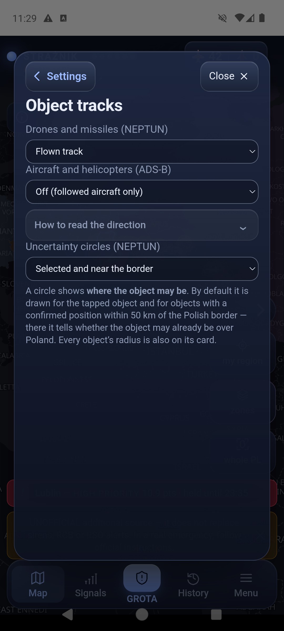 Settings, Map section: Object tracks — Drones and missiles (NEPTUN) Flown track, Aircraft and helicopters (ADS-B) Off (followed aircraft only), the collapsed How to read the direction, and Uncertainty circles (NEPTUN) Selected and near the border with a description