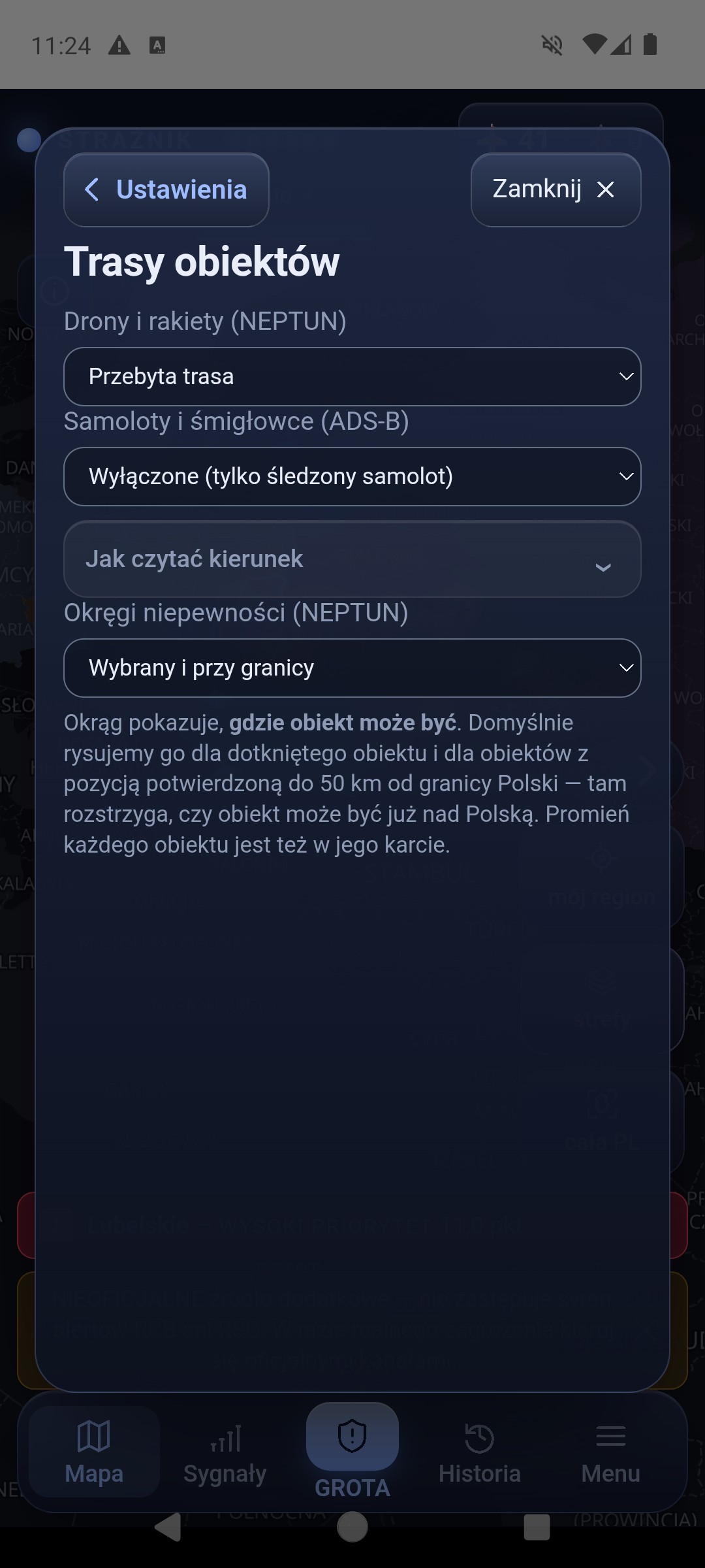 Ustawienia, sekcja Mapa: Trasy obiektów — Drony i rakiety (NEPTUN) Przebyta trasa, Samoloty i śmigłowce (ADS-B) Wyłączone (tylko śledzony samolot), zwinięte Jak czytać kierunek, oraz Okręgi niepewności (NEPTUN) Wybrany i przy granicy z opisem