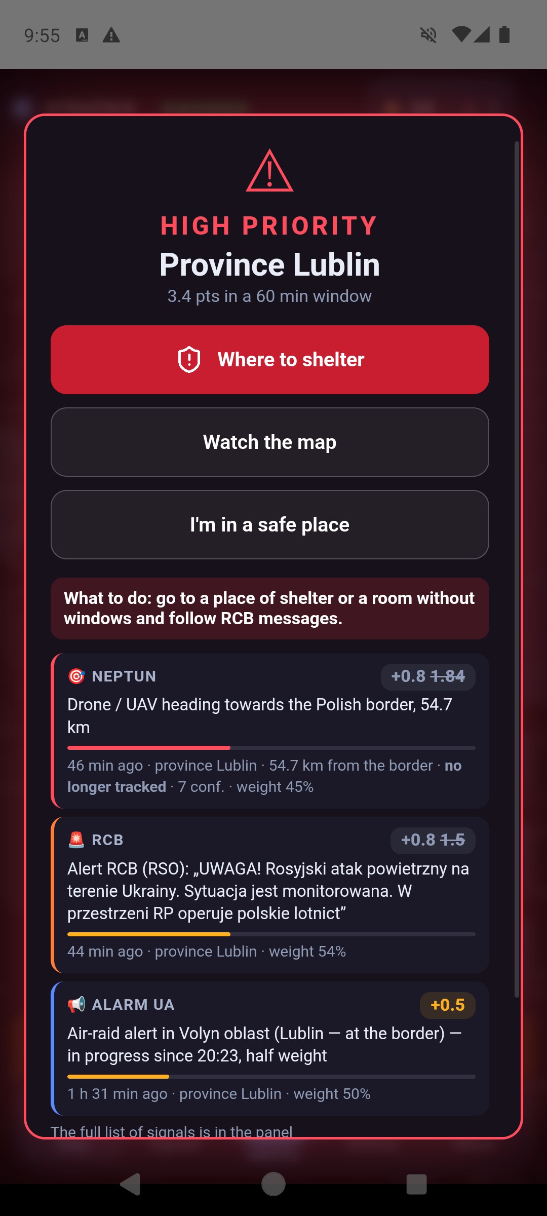 The same test alert screen after acknowledging: in place of the button, three buttons Where to shelter, Watch the map and I'm in a safe place, with What to do and the reasons below