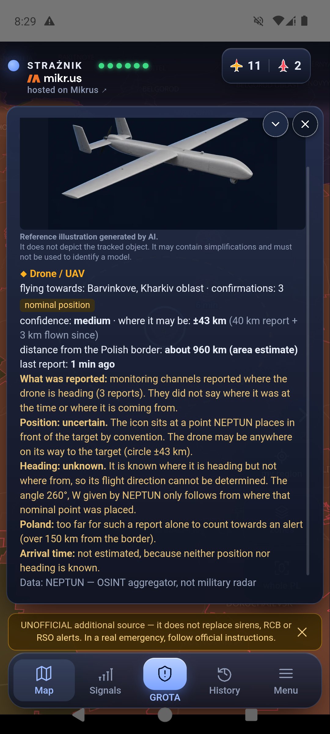 Expanded card of a drone reported only with a target, evening of 28 October 2026: Drone / UAV, flying towards: Barvinkove, Kharkiv oblast, nominal position badge, distance from the border about 960 km (area estimate), block What was reported, Position: uncertain, Heading: unknown (the 260° angle comes from NEPTUN), Poland: too far for such a report alone to count towards an alert, Arrival time: not estimated