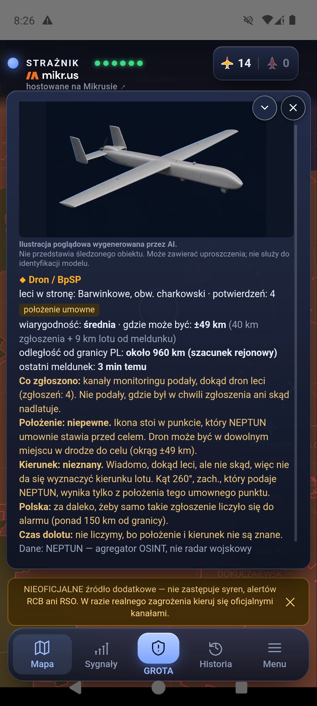 Rozwinięta karta drona zgłoszonego tylko z celem, 28 października 2026 wieczorem: Dron / BpSP, leci w stronę: Barwinkowe, obw. charkowski, plakietka położenie umowne, odległość od granicy około 960 km (szacunek rejonowy), blok Co zgłoszono, Położenie: niepewne, Kierunek: nieznany (kąt 260° podaje NEPTUN), Polska: za daleko, żeby samo takie zgłoszenie liczyło się do alarmu, Czas dolotu: nie liczymy